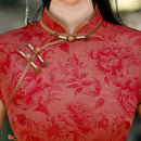 Burgundy Jacquard Qipao Dress Slim Fit Mandarin Collar Midi Cheongsam | Vintage New Chinese Style for Banquet Wedding Date