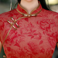 Burgundy Jacquard Qipao Dress Slim Fit Mandarin Collar Midi Cheongsam | Vintage New Chinese Style for Banquet Wedding Date