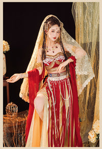 Elegant Red and Gold Belly Dance Costume with Veil and Accessories