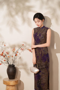 Floral Jacquard Sleeveless Qipao Dress | Vintage Mandarin Collar Maxi Cheongsam