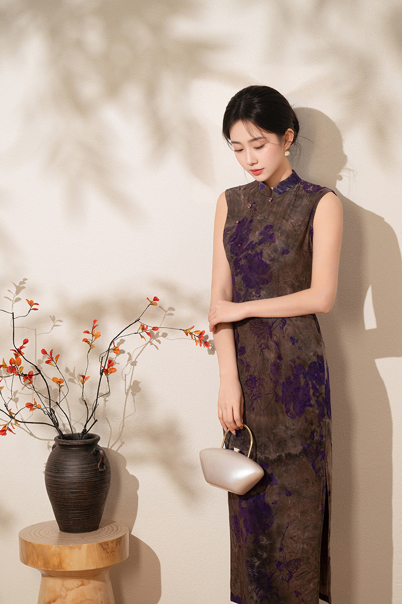 Floral Jacquard Sleeveless Qipao Dress | Vintage Mandarin Collar Maxi Cheongsam