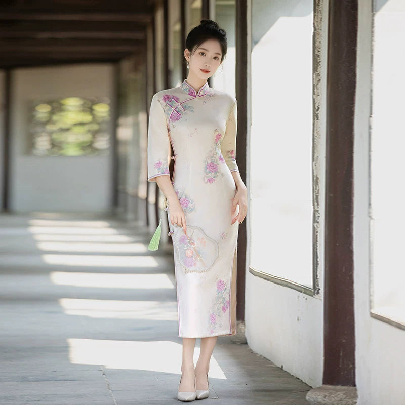 Pink Floral Three-Quarter Sleeve Qipao Dress | Refined Formal Look