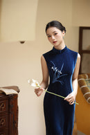 Sleeveless Navy Embroidered Qipao Long Dress | Mandarin Collar Slim Silhouette