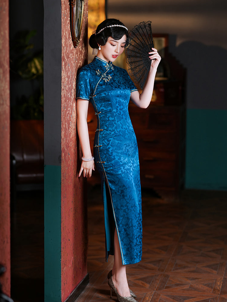 Vintage Chinese Jacquard Qipao Dress | Slim Fit Mandarin Collar Cheongsam