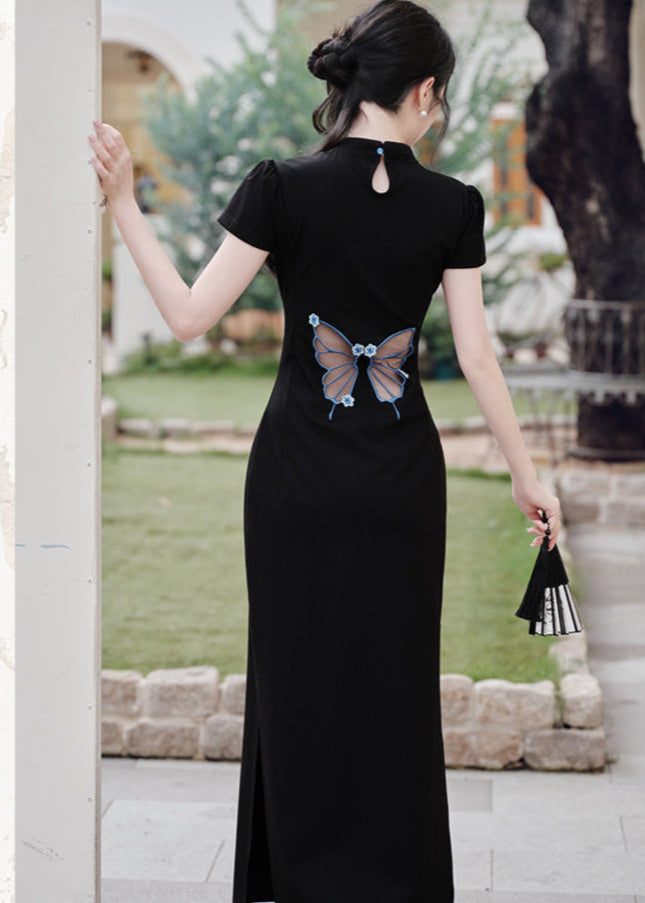 Black Butterfly Embroidered Slim Long Qipao | Side Slit