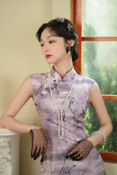 Purple Floral Branch Qipao Dress for Women | Mandarin Collar Frog Button Slim Fit Elegant Dress