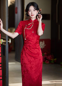 Modern Red Qipao Dress | Jacquard Slim Midi | Bridal Engagement & Tea Ceremony