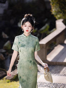 Long Double-Jacquard Cheongsam | Modern Short-Sleeve Mandarin Dress