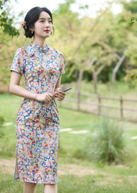 Fresh Multicolour Floral Short Qipao Dress | Summer Short Sleeve Mandarin Collar Slim Midi Cheongsam