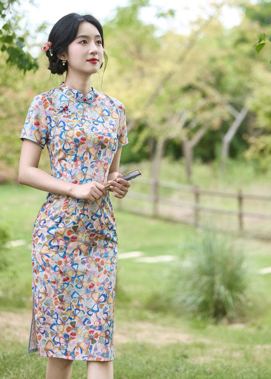 Fresh Multicolour Floral Short Qipao Dress | Summer Short Sleeve Mandarin Collar Slim Midi Cheongsam