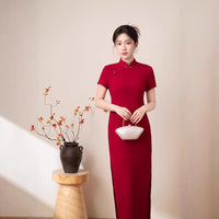 Red Slim Short-Sleeve Long Qipao Dress | Mandarin Collar Frog Button Side Slit Gown