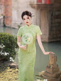 Modern Chinese Light Green Jacquard Qipao Dress | Mandarin Collar Frog Buttons Slim Side Slit Maxi