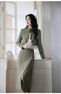 Green Tweed Suit with Ruffled Detail Skirt, Elegant Outfit for Women