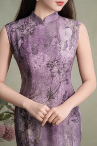 Purple Floral Sleeveless Slim Long Qipao Dress | Mandarin Collar Frog Button Bodycon Side Slit Wedding Banquet Party Gown