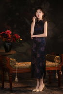 Black Floral Sleeveless Slim Qipao Dress | Mandarin Collar Frog Buttons Bodycon Side Slit Wedding Banquet Gown
