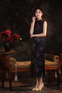Black Floral Sleeveless Slim Qipao Dress | Mandarin Collar Frog Buttons Bodycon Side Slit Wedding Banquet Gown