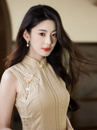Cream Open-Knit Qipao Dress | Sleeveless Slim Midi
