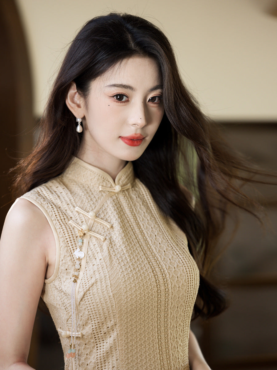 Cream Open-Knit Qipao Dress | Sleeveless Slim Midi