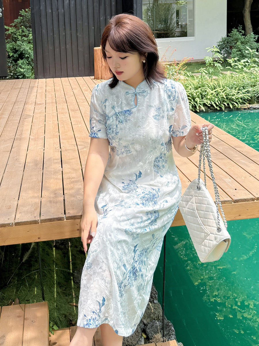 New Chinese Blue-White Jacquard Qipao Dress | Keyhole Mandarin, Short-Sleeve A-line Midi