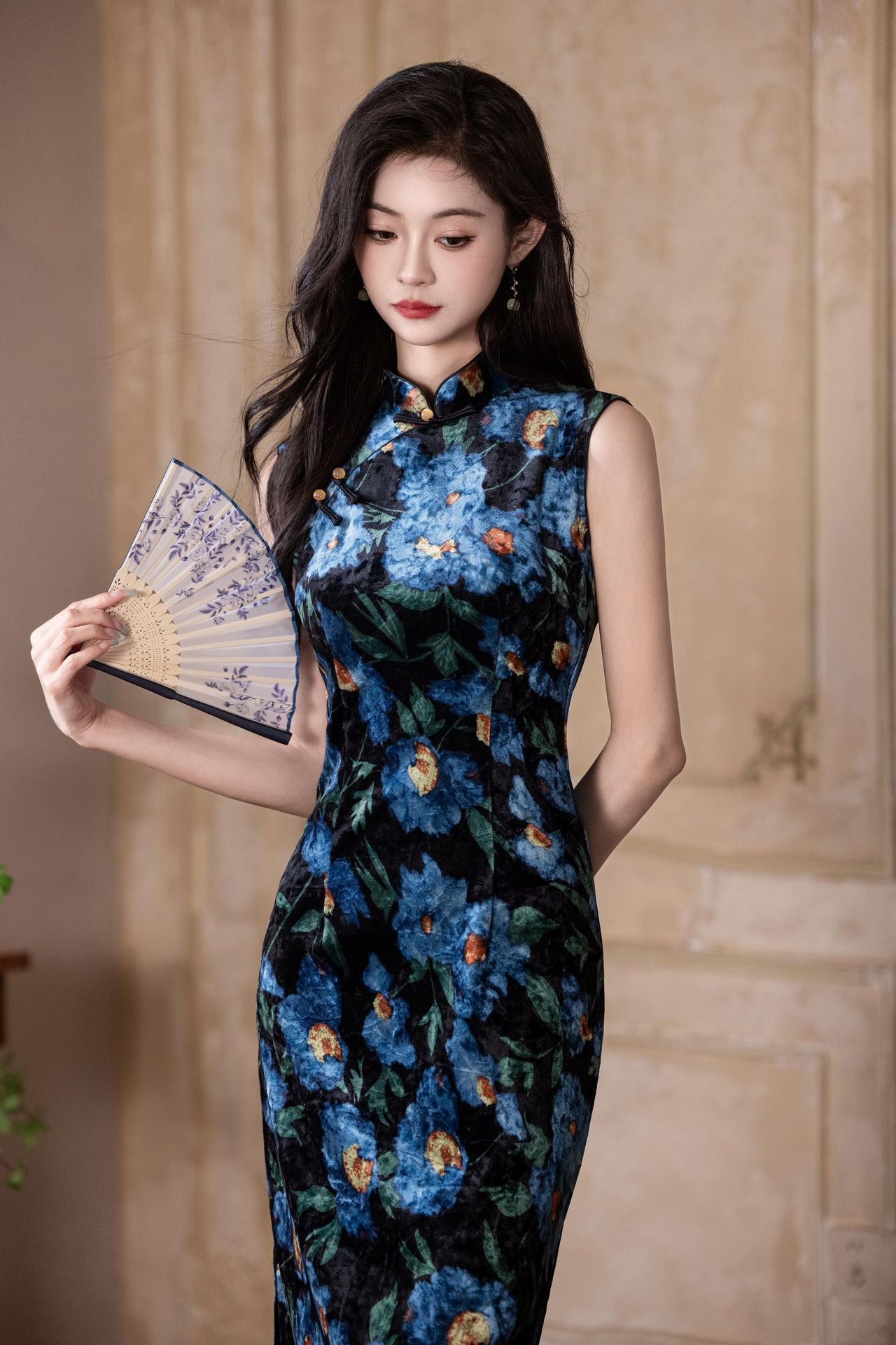 Blue Floral Vintage Sleeveless Slim Qipao Dress