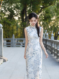 Chinese Vintage Bamboo Leaf Print Qipao | Elegant Slim-Fit Dress
