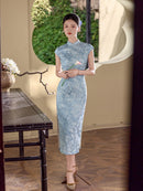 Blue Vintage-Wash Short Sleeve Qipao Maxi Dress | Mandarin Collar Slim Slit Cheongsam