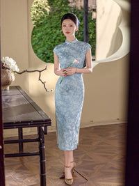 Blue Vintage-Wash Short Sleeve Qipao Maxi Dress | Mandarin Collar Slim Slit Cheongsam