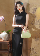 New Chinese Style Black Sleeveless Butterfly Embroidered Qipao Dress | Mandarin Collar Slim Fit High Slit Maxi Gown
