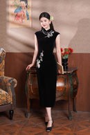 Black Floral-Embroidered Modern Qipao Midi | Mandarin Collar