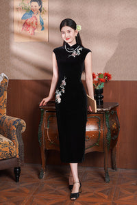 Black Floral-Embroidered Modern Qipao Midi | Mandarin Collar