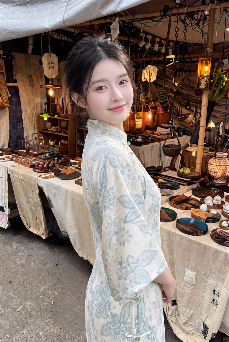Ivory Floral Jacquard Flared-Sleeve Qipao Dress | Slim Mandarin