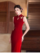 Red Butterfly Embroidered Qipao Gown | Mandarin Collar Slim Fit Dress, Elegant Design