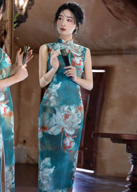 Sleeveless Long Slim Qipao Dress | Summer Ink-Style Floral