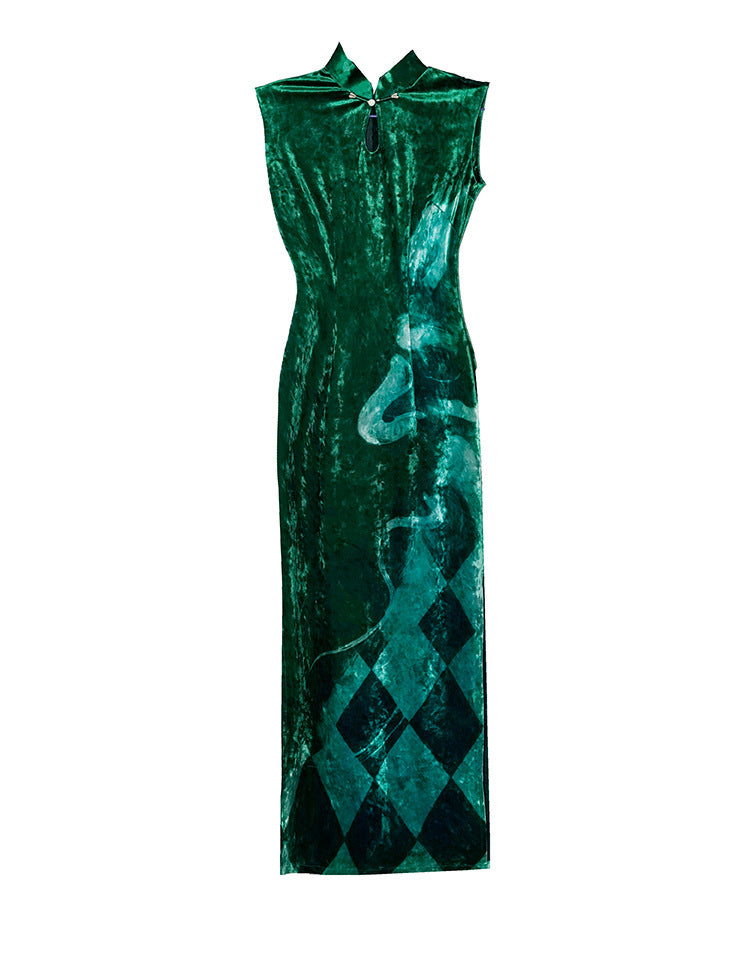Elegant Green Pattern Slim Qipao | Mandarin Collar