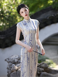 Spring Elegant Purple-Stripe Qipao | Slim Mandarin Collar Cap Sleeves