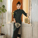 Elegant Dark Green Cheongsam Dress for Women with Half Sleeves and High Slit