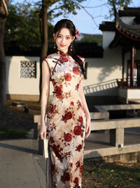 Ivory & Burgundy Rose Floral Qipao Dress | Vintage Slim Mandarin Collar Maxi Cheongsam