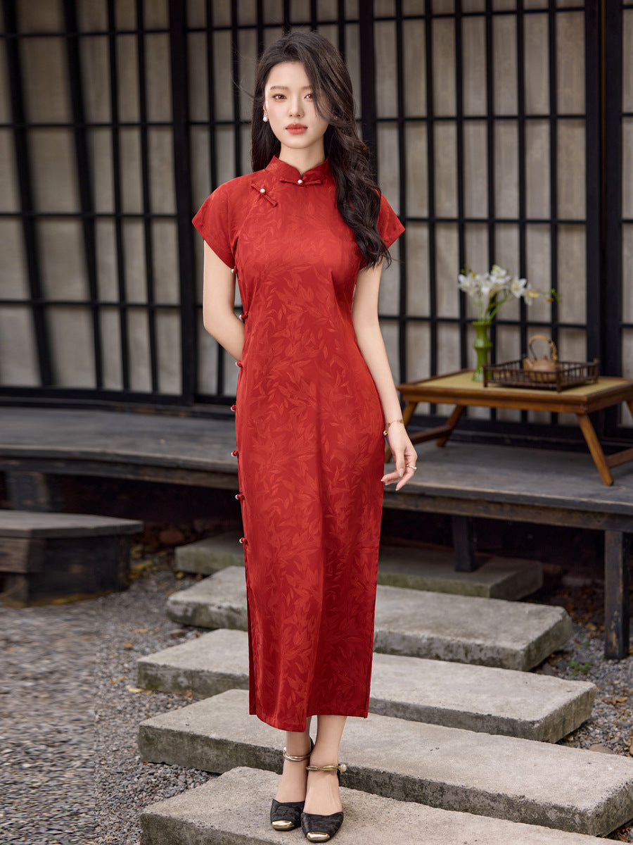 Classic Red Tonal Jacquard Short Sleeve Qipao Dress | Mandarin Collar Slim Maxi Cheongsam