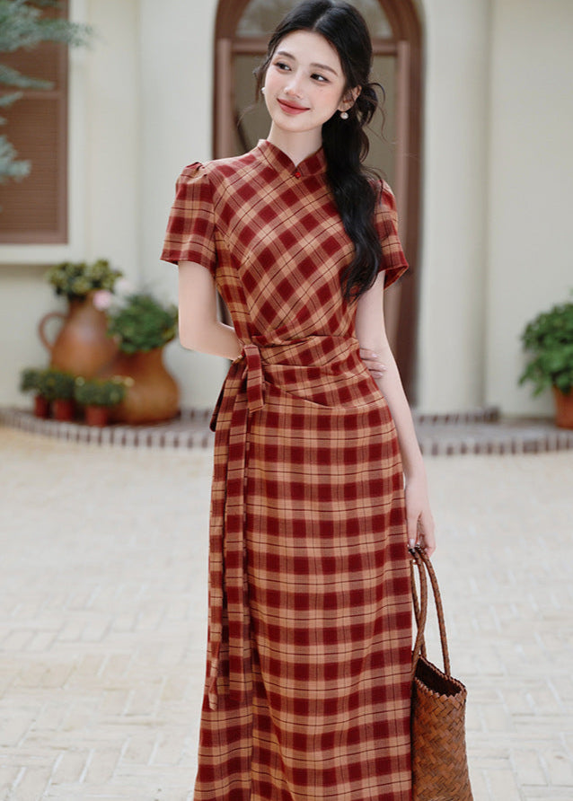 Red Check Modern Chinese Qipao Dress | Picnic & Day Trip Ready