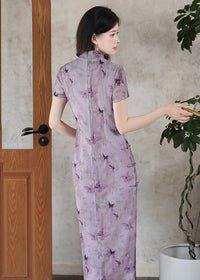 Purple Butterfly Qipao | Slim Mandarin Maxi with Short Sleeves