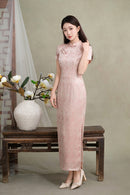 Blush Pink Jacquard Short-Sleeve Long Qipao Dress | New Chinese Mandarin Collar Frog Buttons Slim Side Slit Wedding Banquet Gown