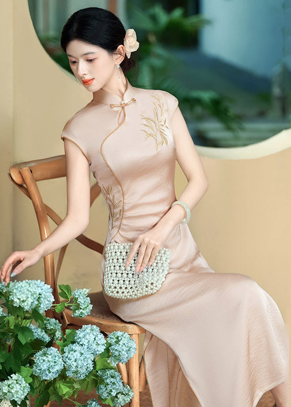 Bamboo Embroidered Qipao | Slim Mandarin Maxi Cheongsam