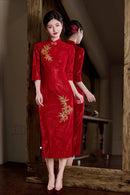 Crimson Bamboo-Embroidered Modern Qipao Midi | Mandarin Collar with Beaded Button