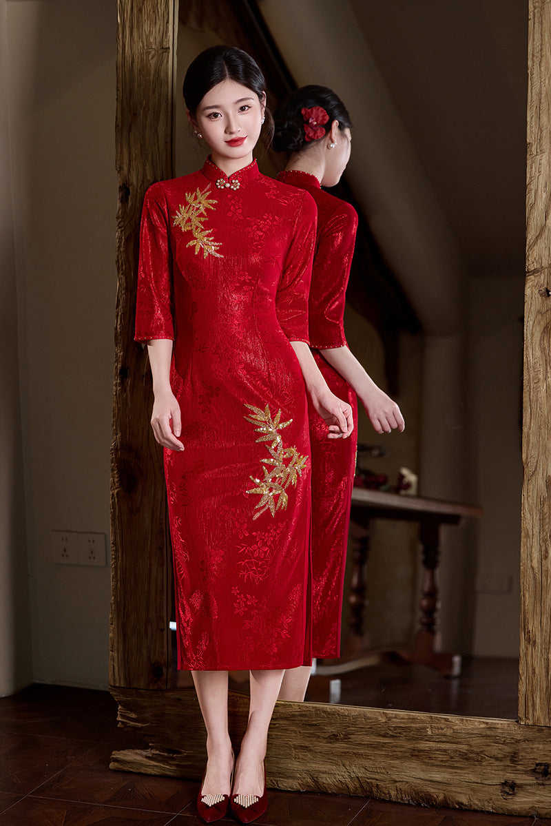 Crimson Bamboo-Embroidered Modern Qipao Midi | Mandarin Collar with Beaded Button