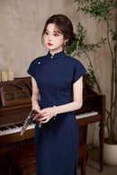 New Chinese Style Vintage Cheongsam Dress | Ribbed Slim Midi Mandarin