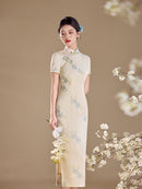 Ivory Blue Floral Embroidered Short Sleeve Qipao Maxi Dress | Mandarin Collar Slit Cheongsam