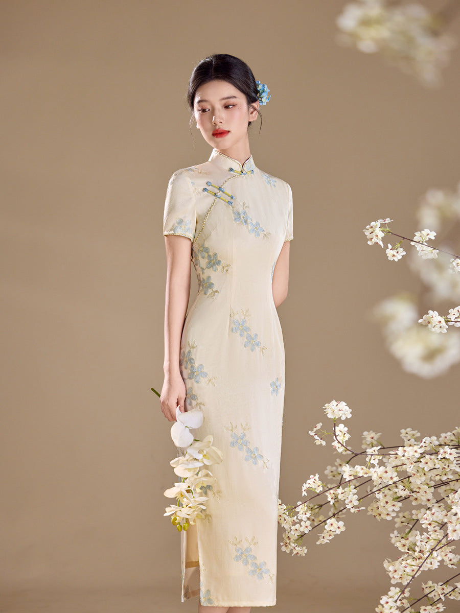 Ivory Blue Floral Embroidered Short Sleeve Qipao Maxi Dress | Mandarin Collar Slit Cheongsam