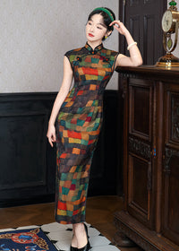 Colorful Sleeveless Plaid Qipao Dress