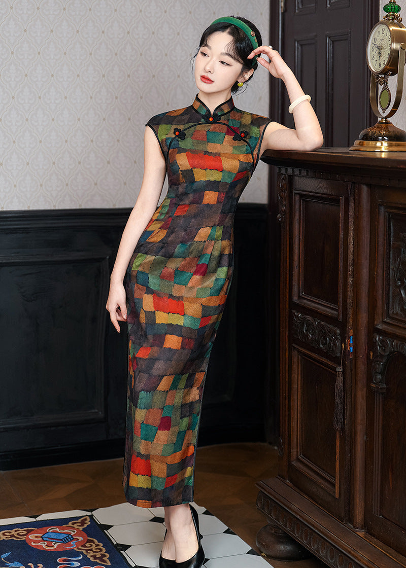 Colorful Sleeveless Plaid Qipao Dress