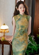 Vintage Yellow & Green Gradient Qipao Long Slim Dress
